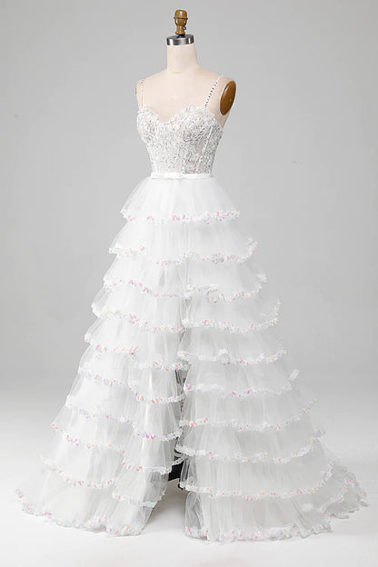 Sparkly White A-Line Tiered Long Corset Prom Dress With Slit