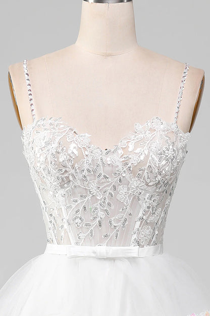 Sparkly White A-Line Tiered Long Corset Prom Dress With Slit