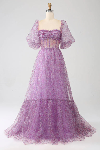 Lilafarbenes A-Linien-Ballkleid mit quadratischem Ausschnitt und halblangen Ärmeln