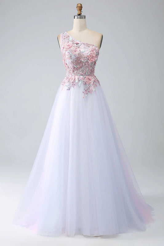 A-Line One Shoulder Pink Prom Dress with Appliques