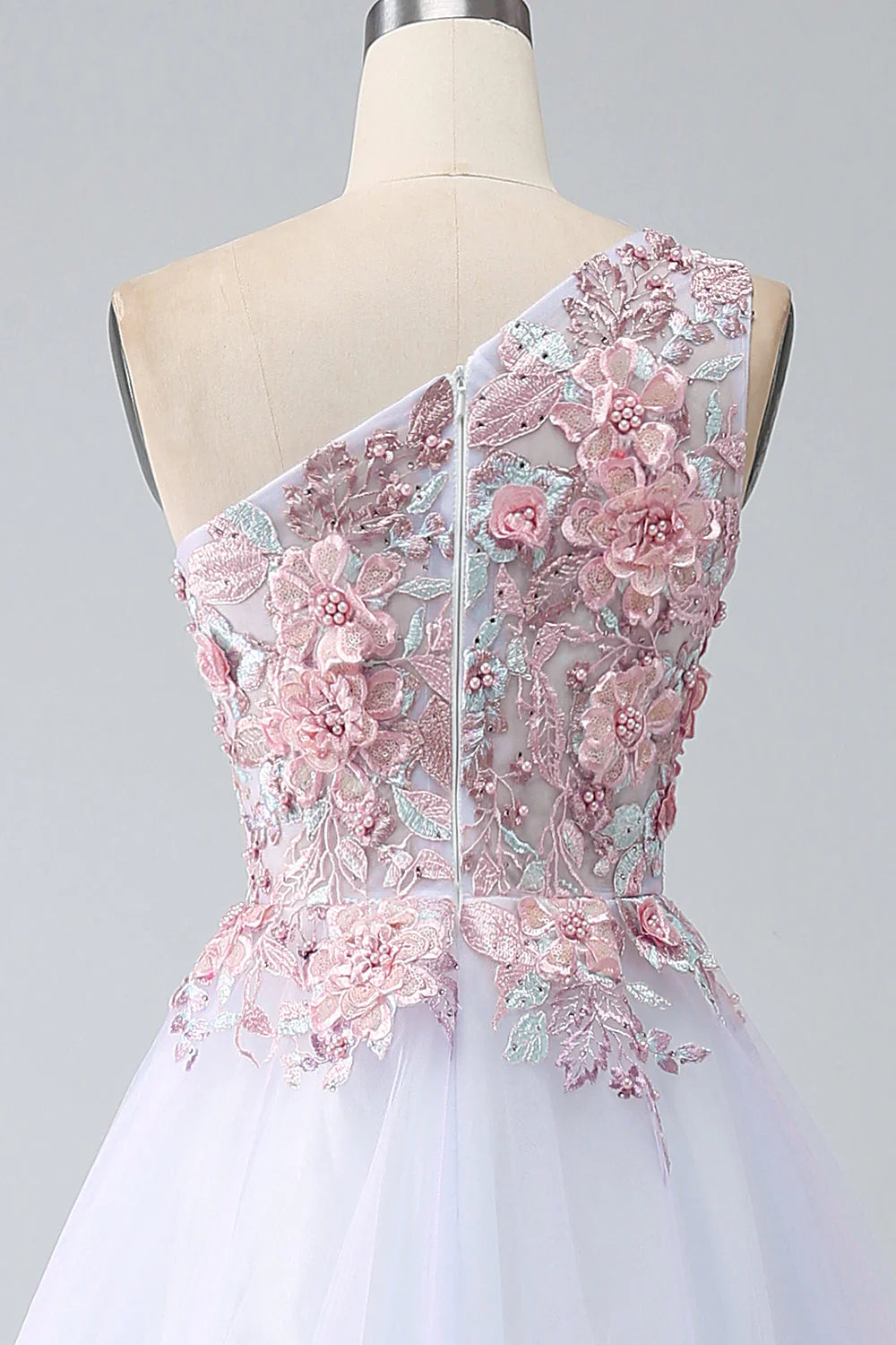 Vestido de fiesta rosa de corte A con un solo hombro y apliques