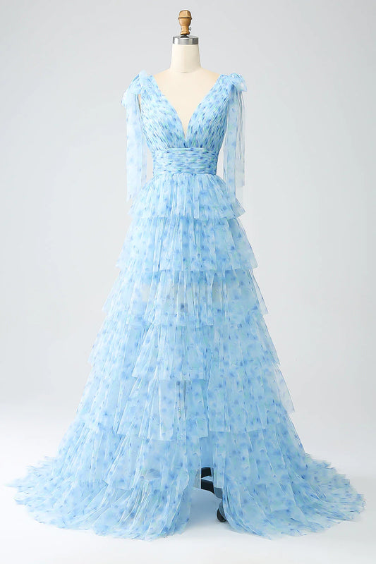 A-Linien-Ballkleid mit V-Ausschnitt und Stufendesign in Hellblau
