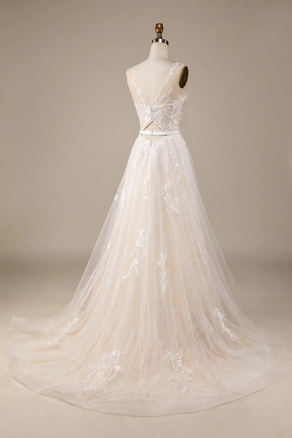 Champagne Tulle A-Line Sweep Train Wedding Dress with Lace