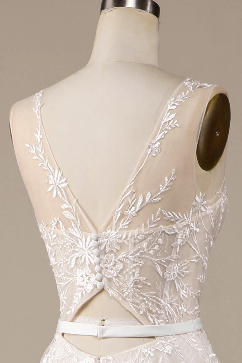 Champagne Tulle A-Line Sweep Train Wedding Dress with Lace