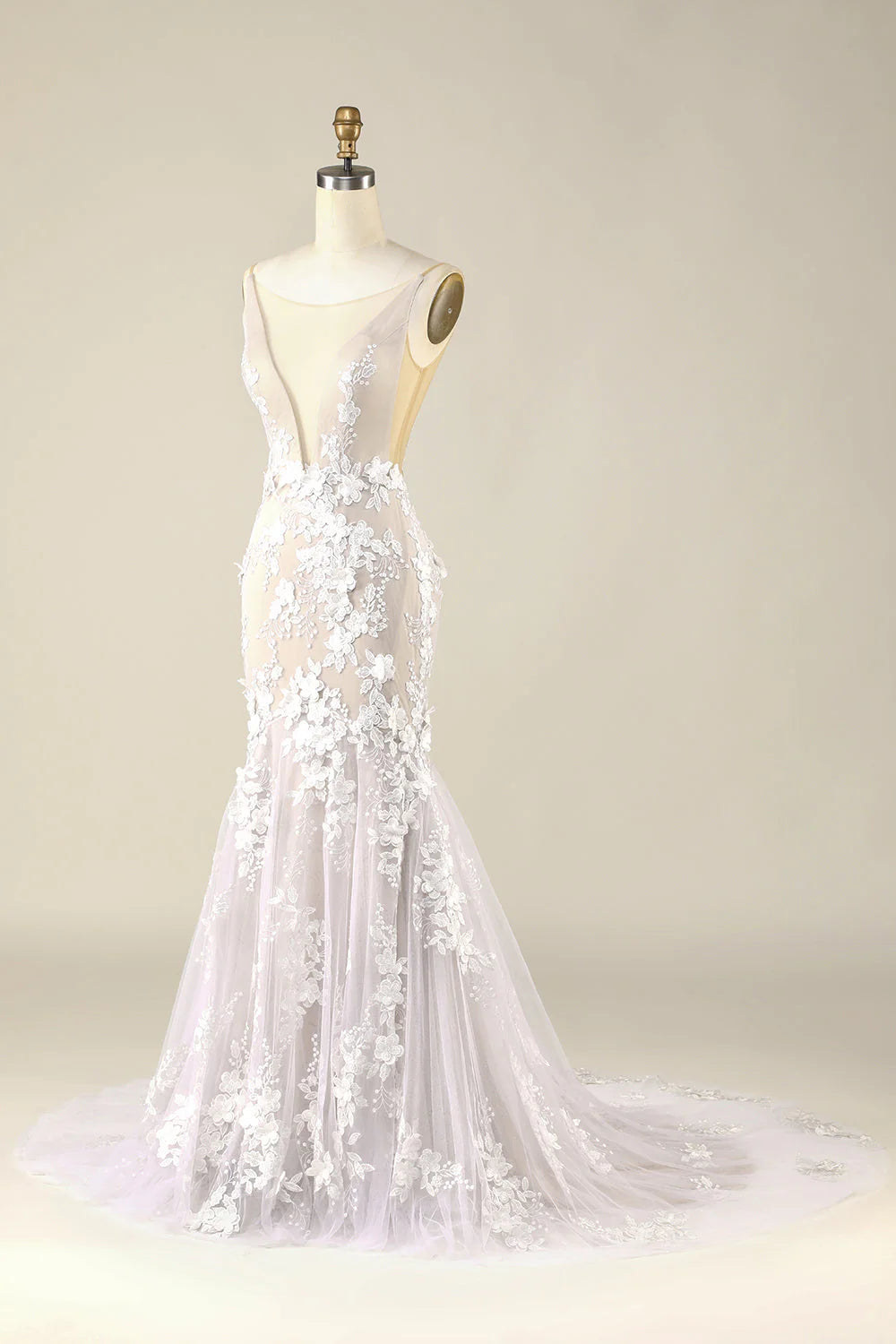 Elfenbeinfarbenes Meerjungfrau-Brautkleid mit Illusion-Boot-Ausschnitt und Spitze