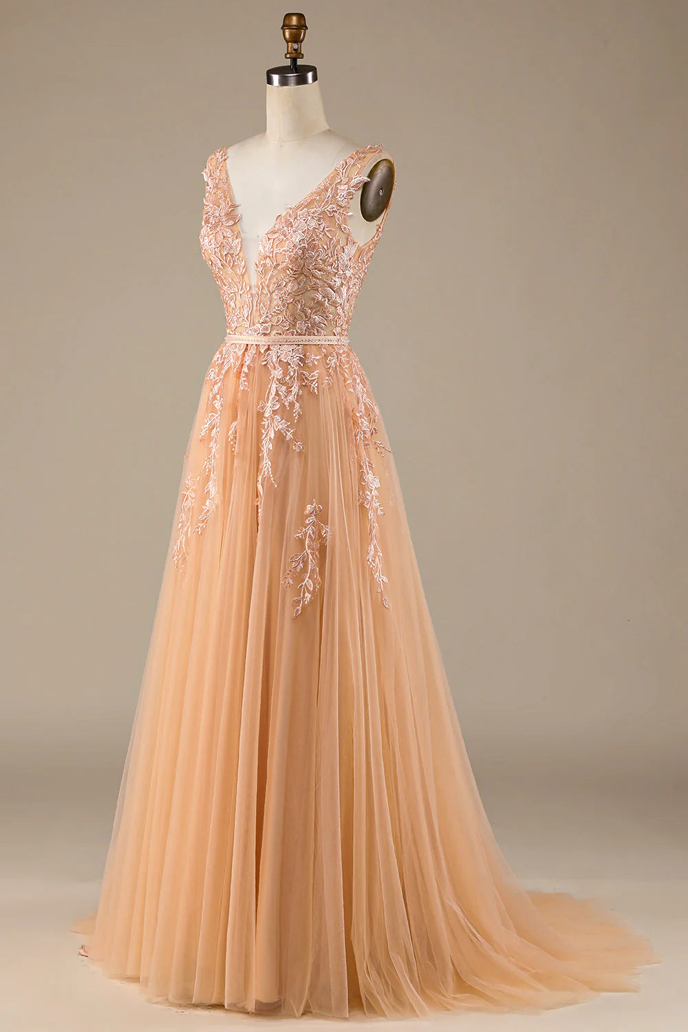 Champagne V-Neck Tulle Wedding Dress with Lace