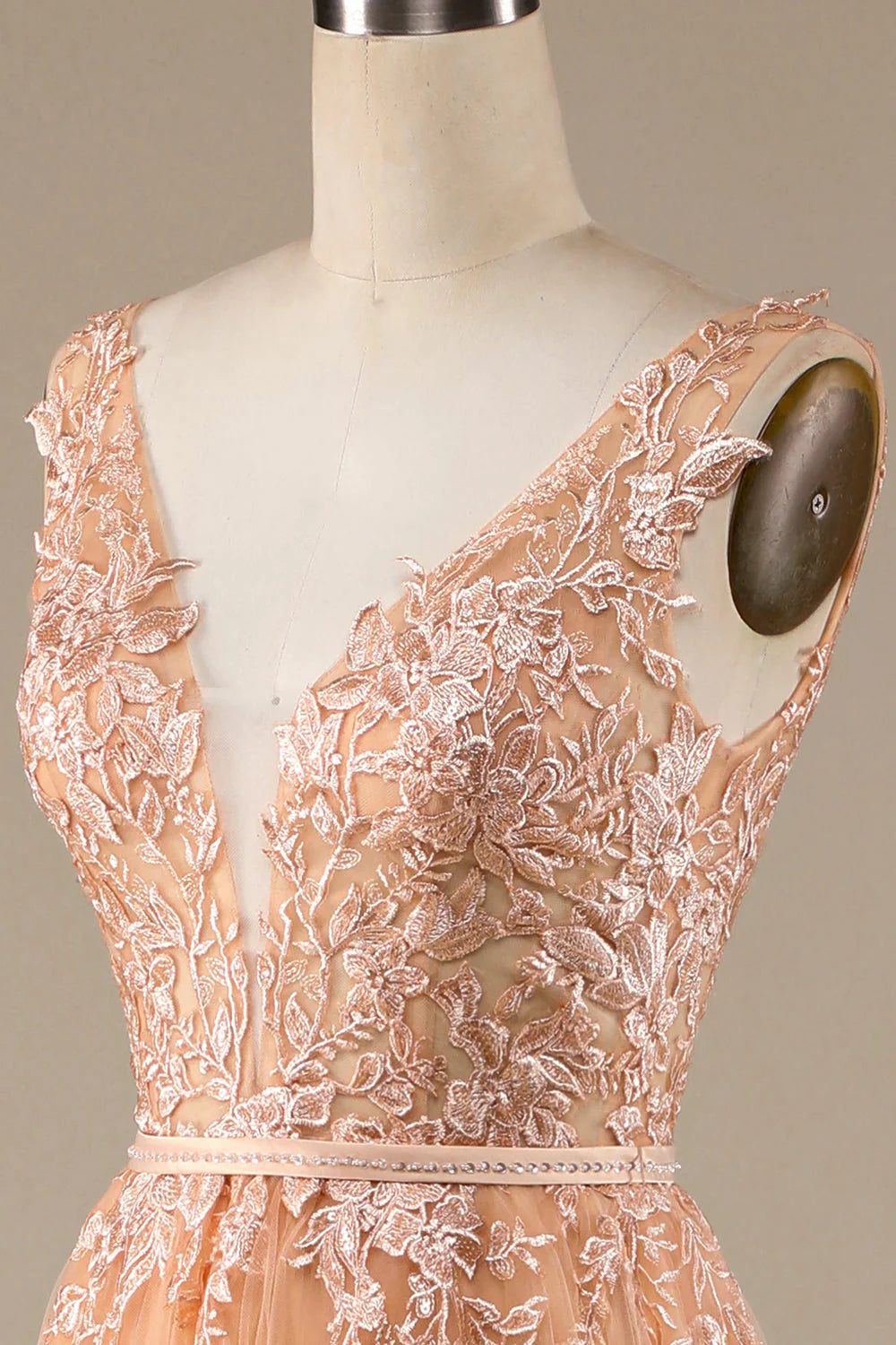 Champagne V-Neck Tulle Wedding Dress with Lace