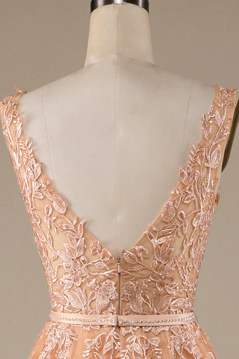 Champagne V-Neck Tulle Wedding Dress with Lace