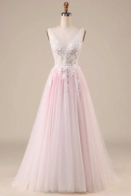 Rosa A-Linien-Brautkleid aus Tüll mit Sweep-Schleppe und Applikationen
