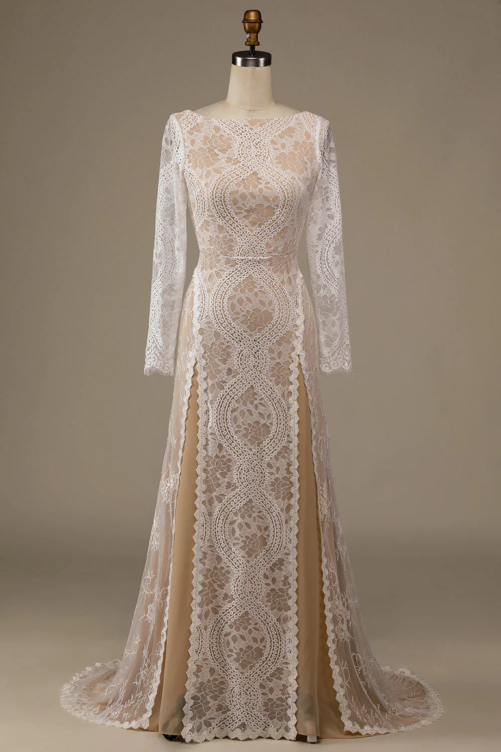 Champagne Long Sleeves Lace Sweep Train Wedding Dress