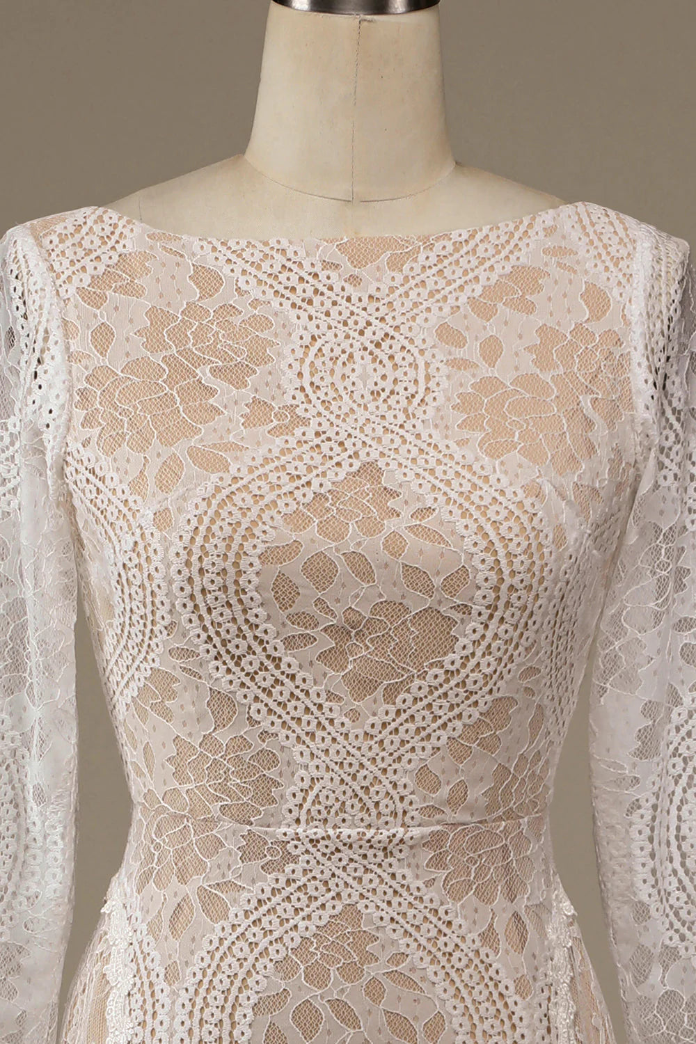 Champagne Long Sleeves Lace Sweep Train Wedding Dress