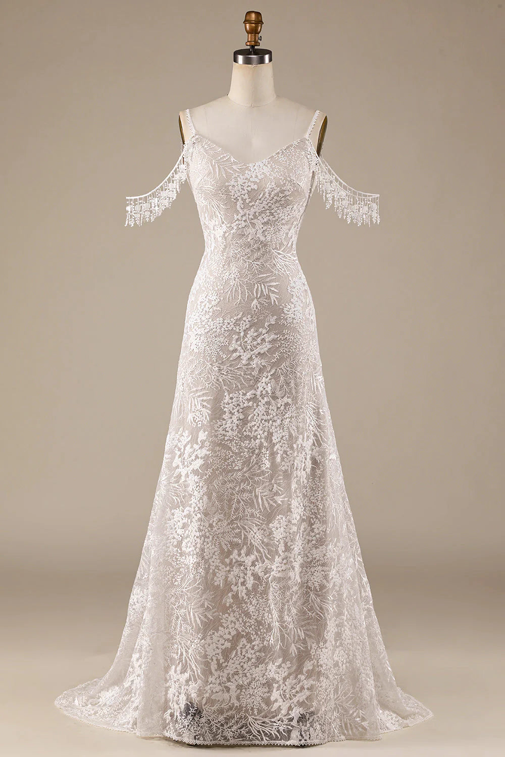 Ivory Lace Wedding Dress with Fringes