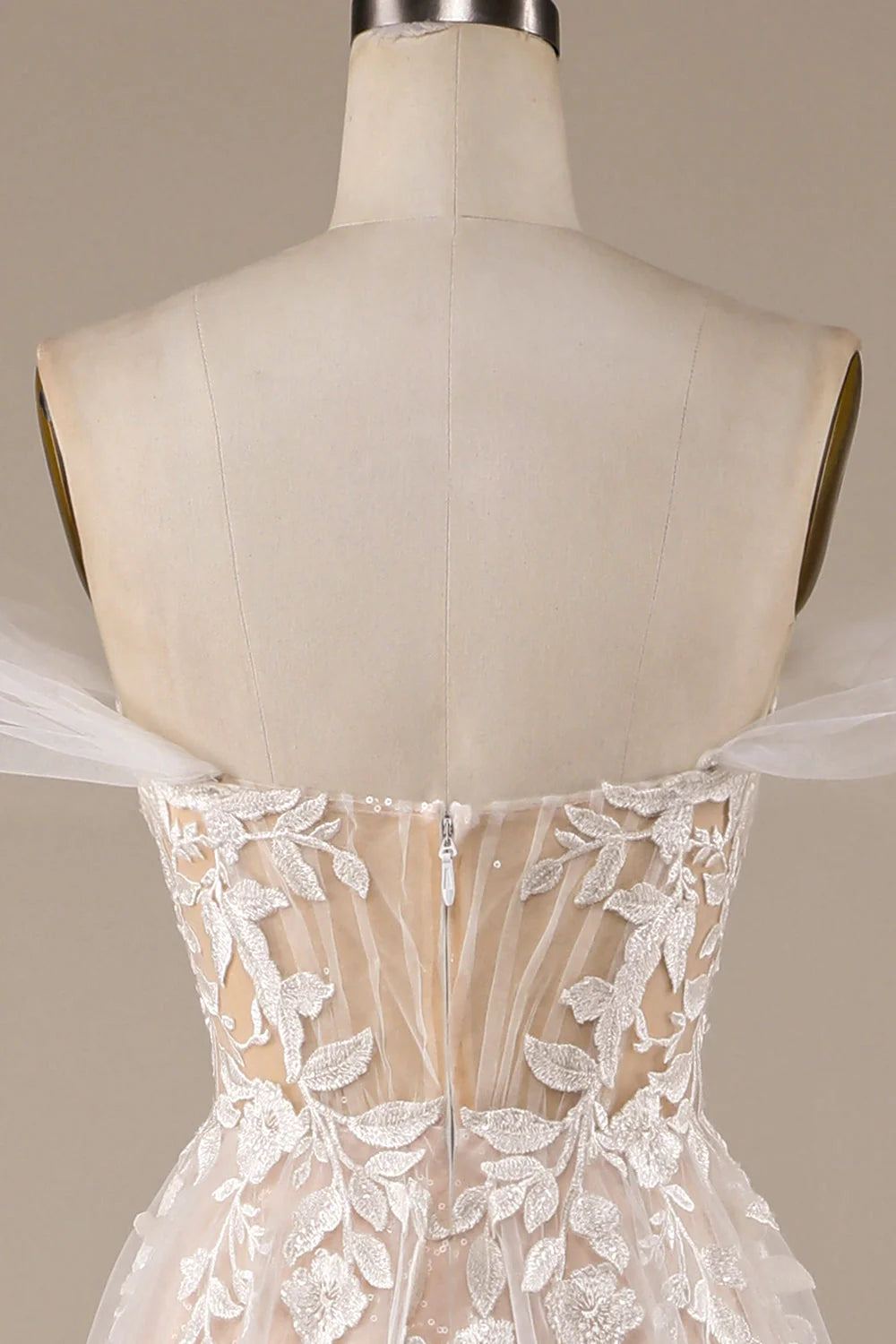 Champagne Tulle Detachable Off the Shoulder Wedding Dress with Lace