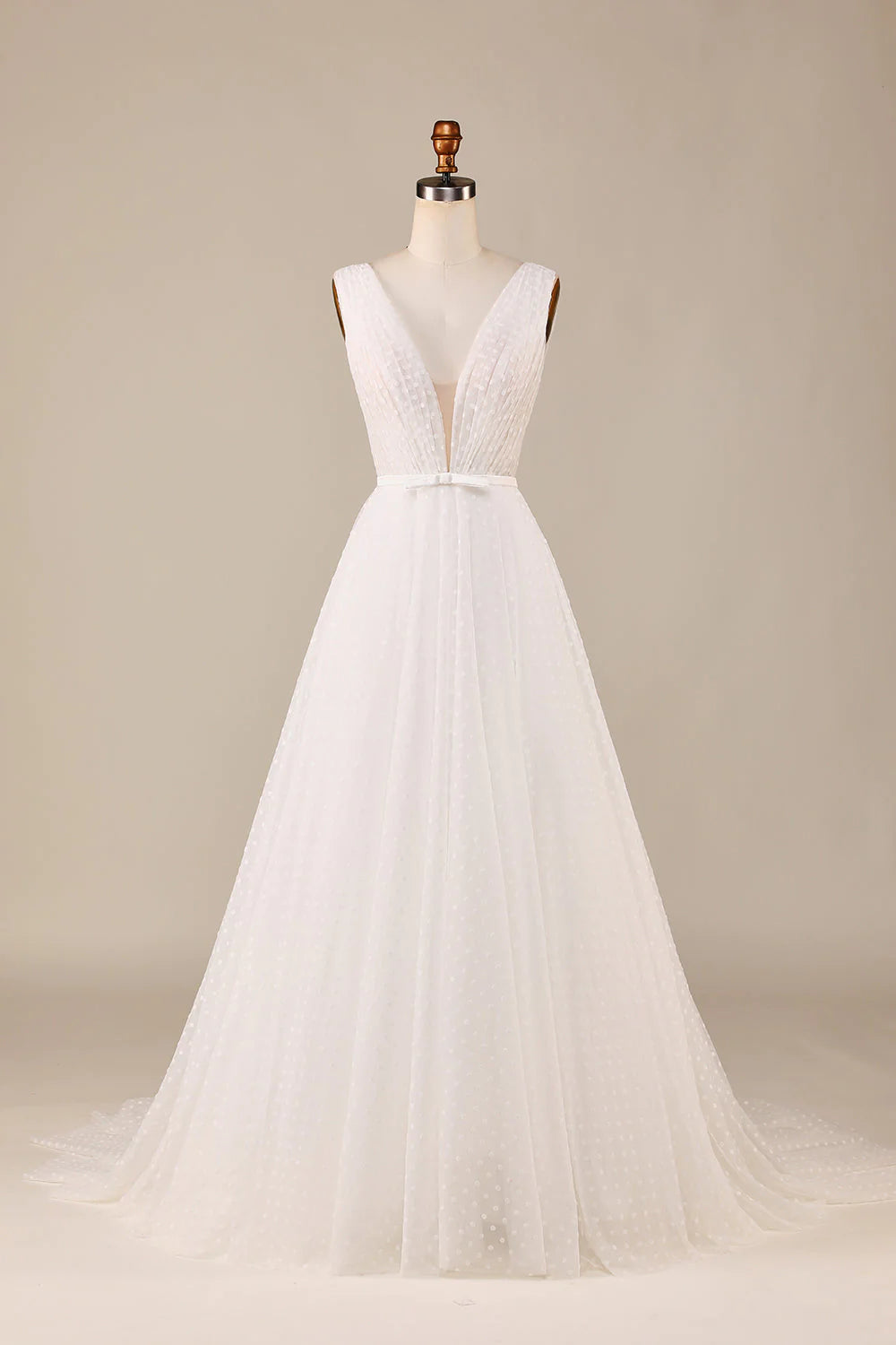 Elegant A Line V Neck Ivory Detachable Watteau Train Tulle Wedding Dress