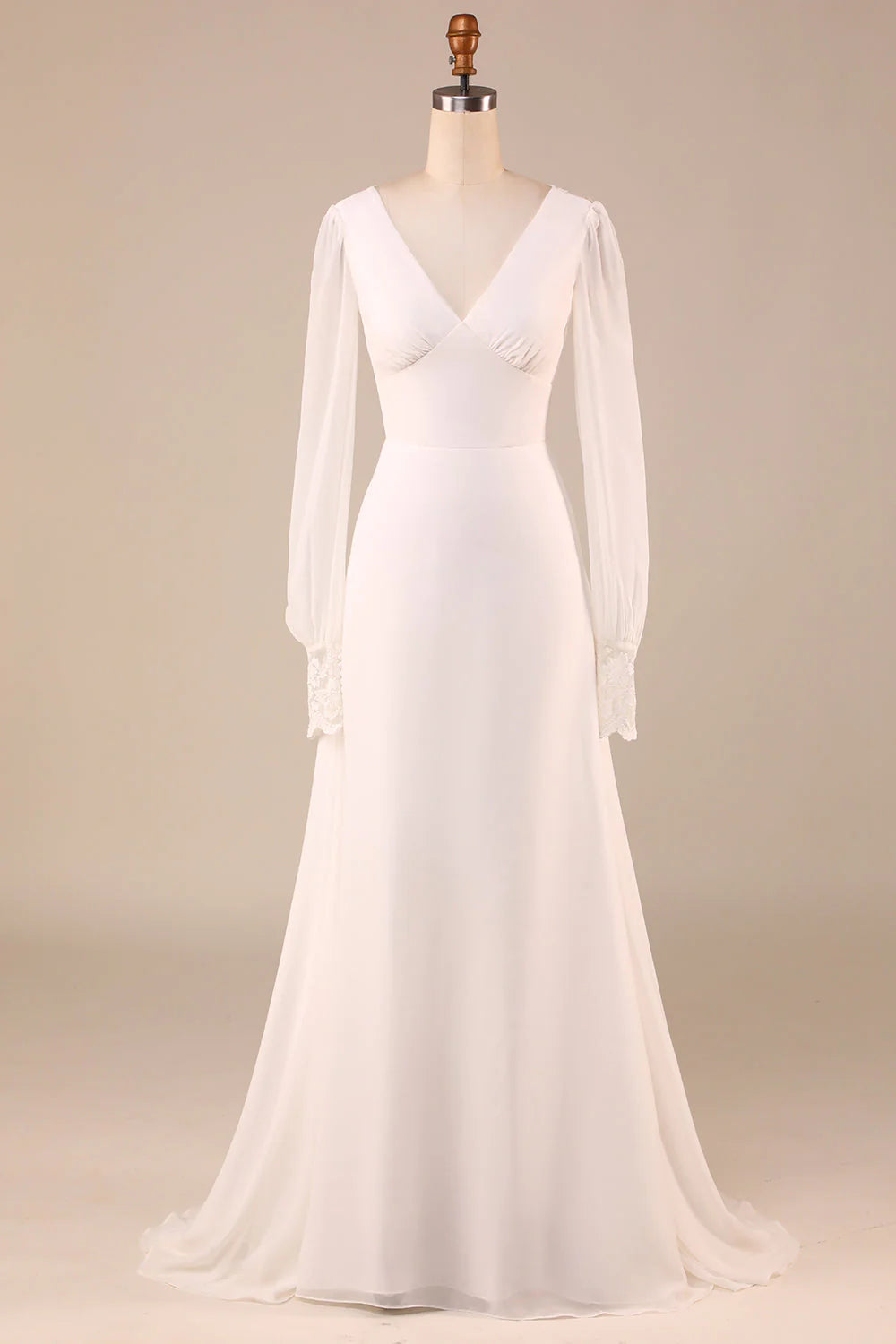 Ivory Long Sleeves Boho Chiffon Open Back Wedding Dress