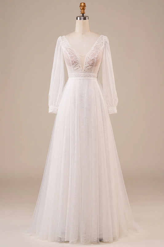 A-Linien-Brautkleid aus Tüll mit Perlenbesatz und Ärmeln in Elfenbein