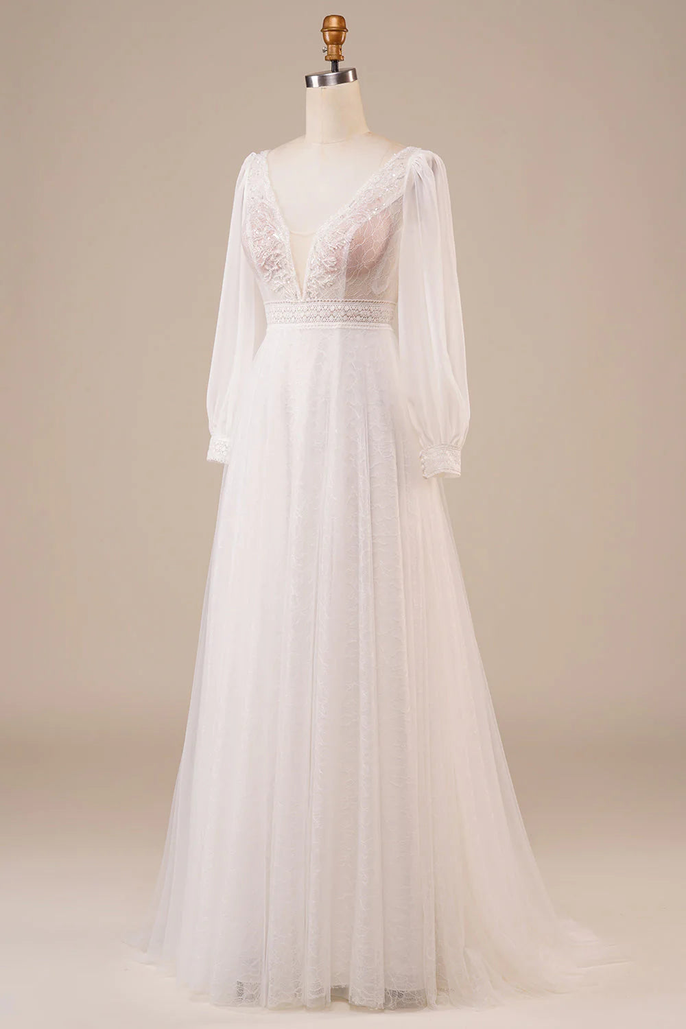 A-Linien-Brautkleid aus Tüll mit Perlenbesatz und Ärmeln in Elfenbein