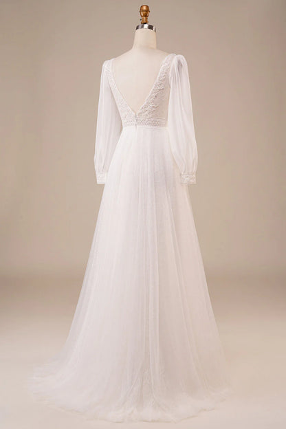 A-Linien-Brautkleid aus Tüll mit Perlenbesatz und Ärmeln in Elfenbein