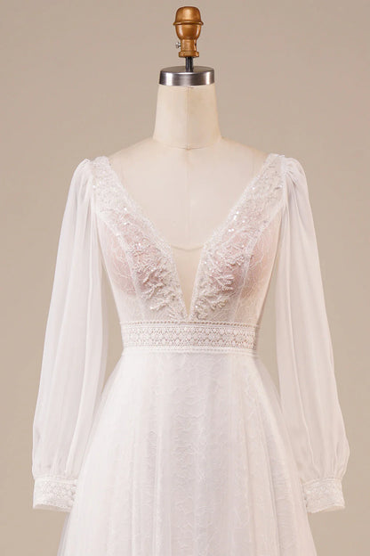 A-Linien-Brautkleid aus Tüll mit Perlenbesatz und Ärmeln in Elfenbein