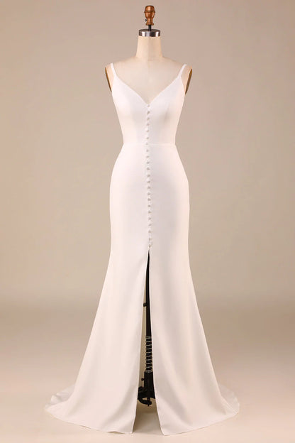 Simple Ivory Mermaid Backless Long Wedding Dress with Slit