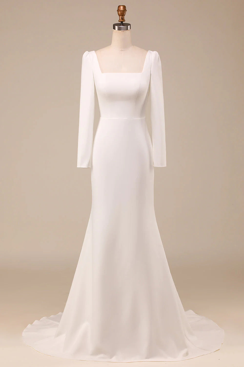 Ivory Mermaid Square Neck Bridal Dress With Long Sleeves