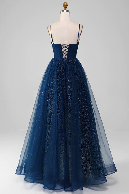 Vestido de fiesta azul marino con escote en V, largo de tul con cuentas y pliegues