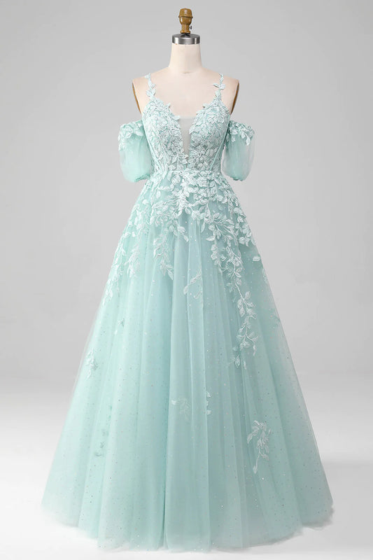 Mintgrünes Ballkleid mit schulterfreiem, perlenbesetztem Abschlussballkleid und Applikationen