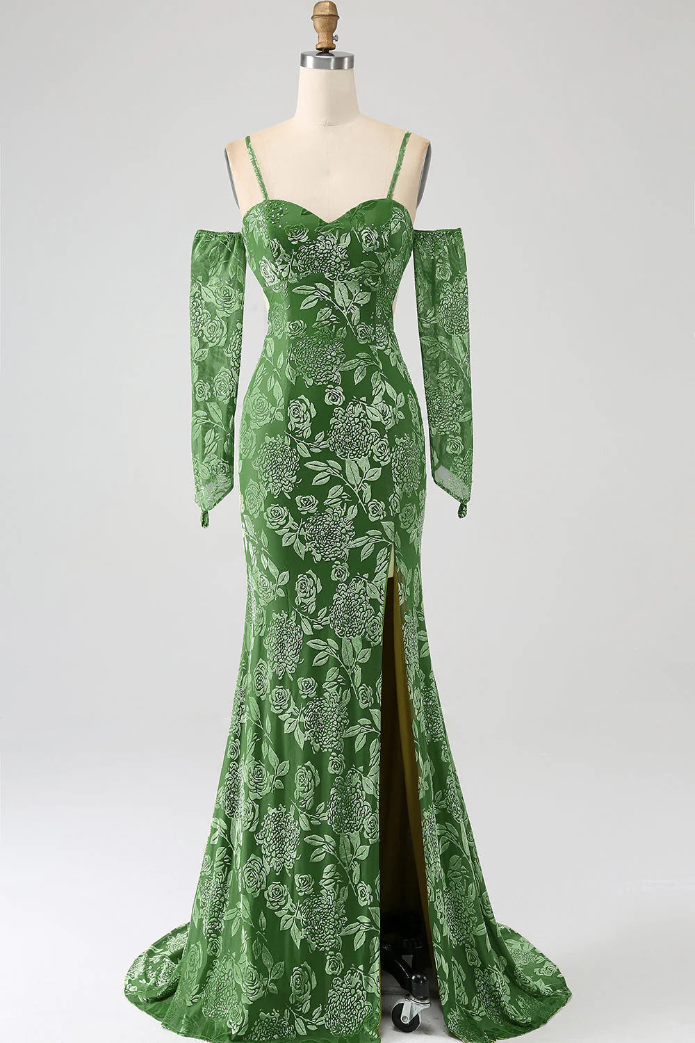 Vestido de fiesta largo con estampado de oliva y hombros descubiertos de sirena con abertura frontal