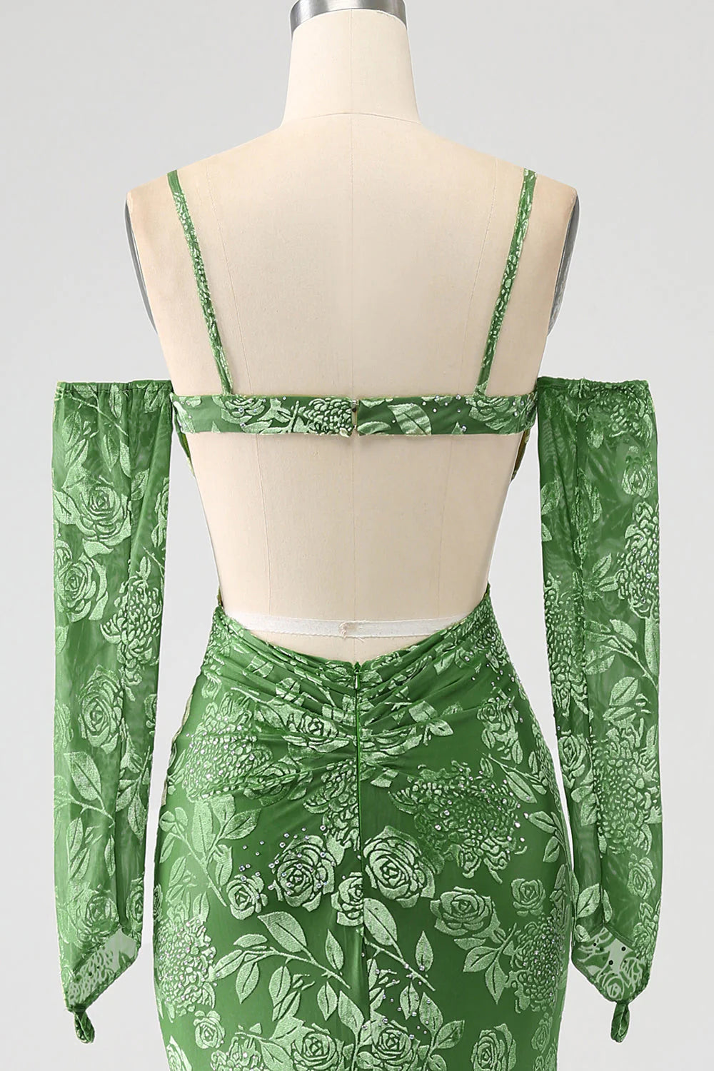 Vestido de fiesta largo con estampado de oliva y hombros descubiertos de sirena con abertura frontal