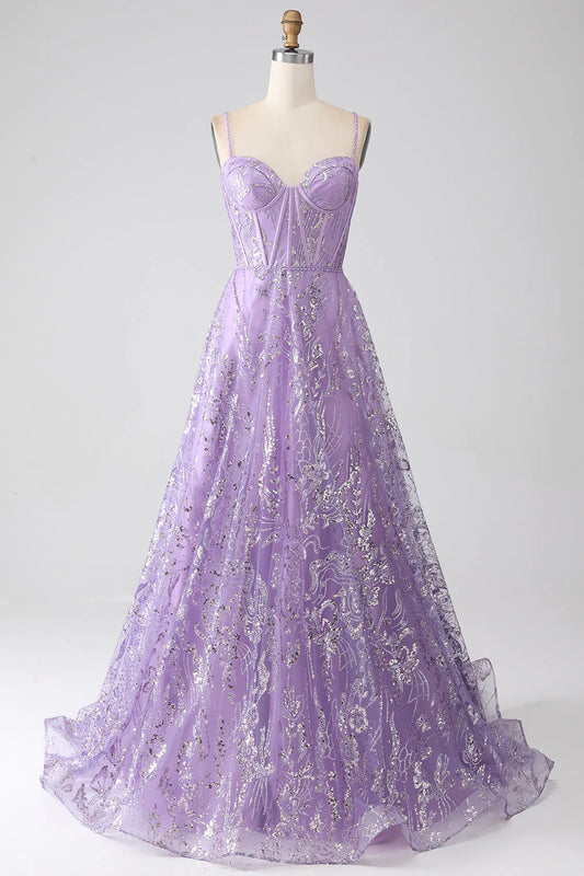 A-Linie Spaghettiträger Lila Korsett Ballkleid mit Pailletten