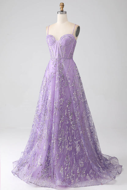 A-Linie Spaghettiträger Lila Korsett Ballkleid mit Pailletten