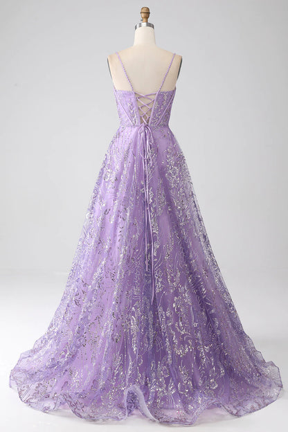 A-Linie Spaghettiträger Lila Korsett Ballkleid mit Pailletten