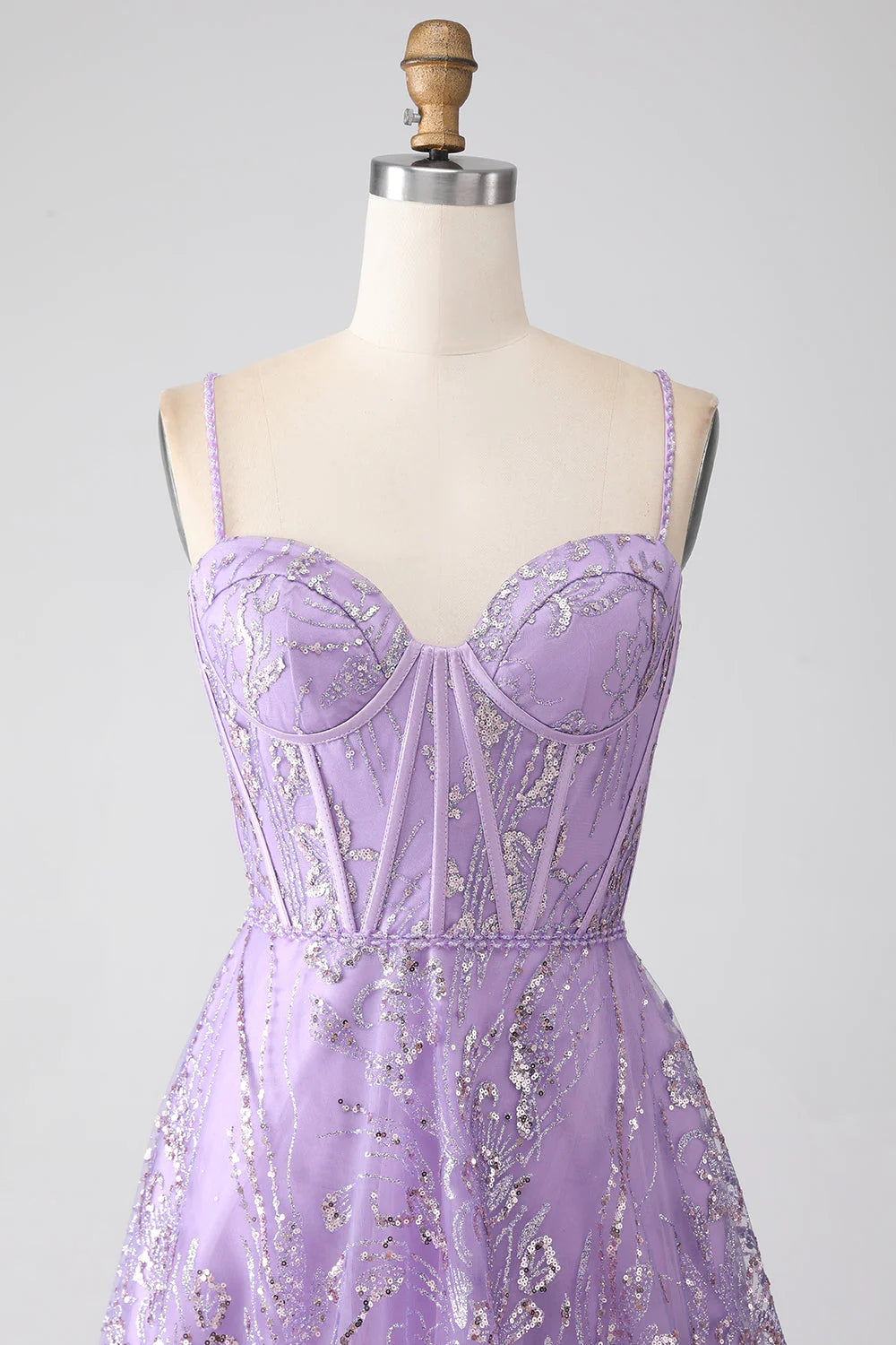 A-Linie Spaghettiträger Lila Korsett Ballkleid mit Pailletten