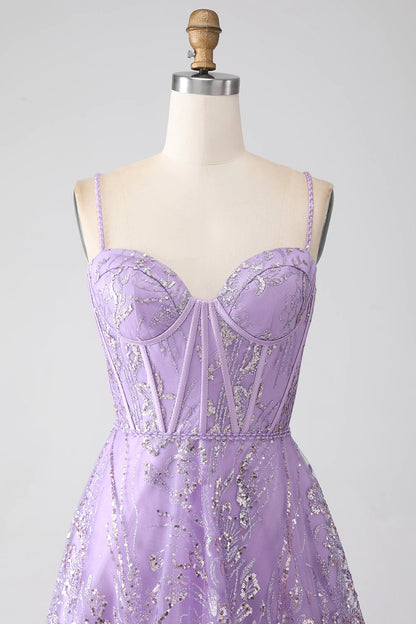 A-Linie Spaghettiträger Lila Korsett Ballkleid mit Pailletten