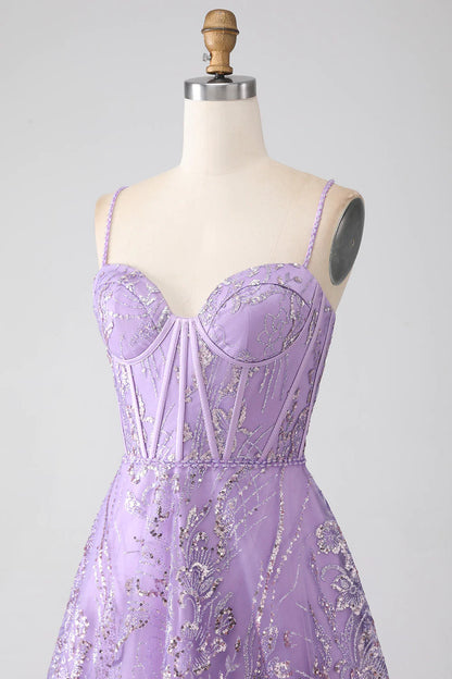 A-Linie Spaghettiträger Lila Korsett Ballkleid mit Pailletten