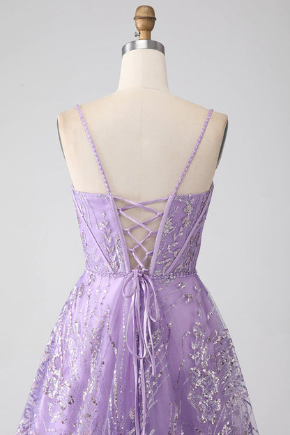 A-Linie Spaghettiträger Lila Korsett Ballkleid mit Pailletten