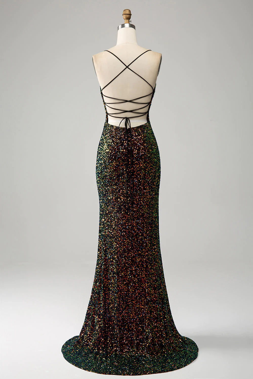 Vestido de fiesta de sirena con lentejuelas y tirantes finos negros brillantes con abertura