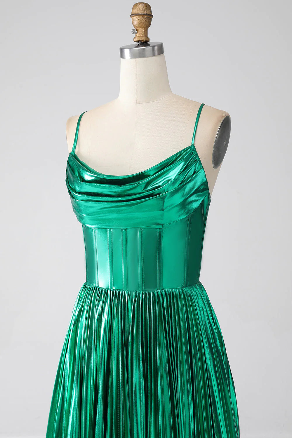 Vestido de fiesta verde oscuro con corte A y corsé con abertura