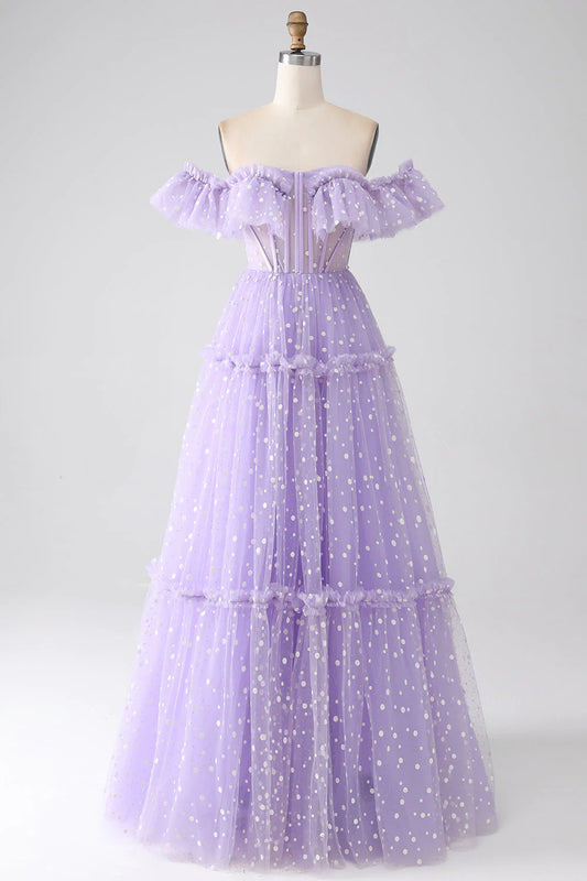 Schulterfreies, lila Korsett-Ballkleid