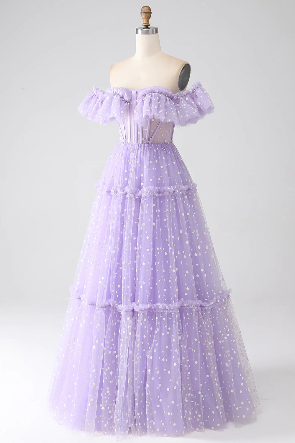 Vestido de fiesta con corsé lila y hombros descubiertos