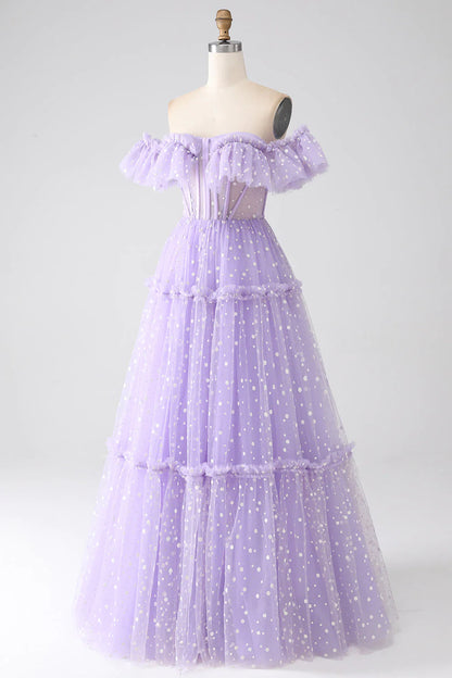 Vestido de fiesta con corsé lila y hombros descubiertos