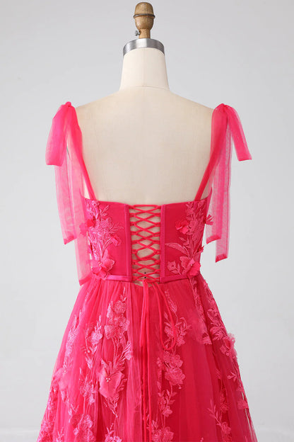 A-Line Spaghetti Straps Fuchsia Long Prom Dress with Slit