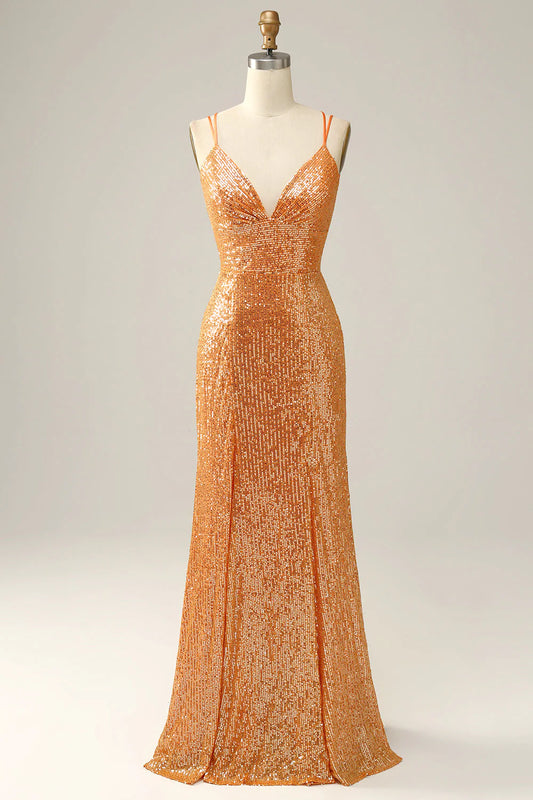 Orangefarbenes, rückenfreies Meerjungfrau-Ballkleid mit Pailletten