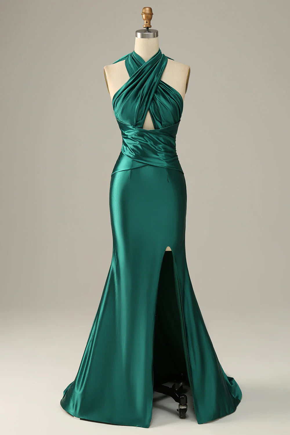 Vestido de fiesta de sirena con cuello halter, encaje y abertura, color verde oscuro