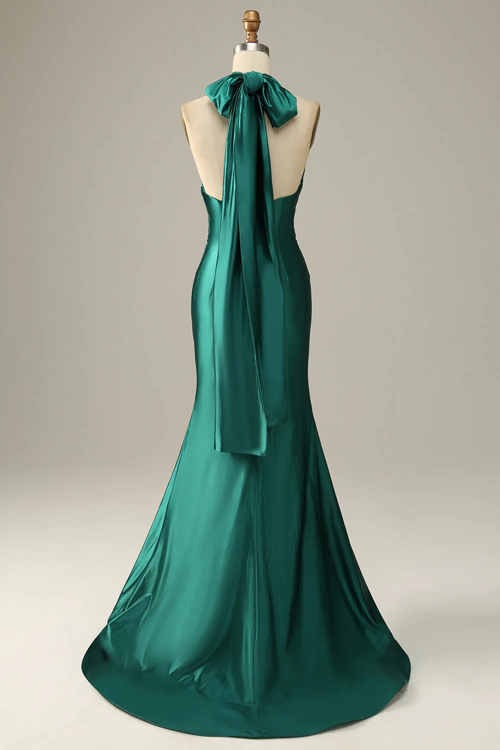 Vestido de fiesta de sirena con cuello halter, encaje y abertura, color verde oscuro