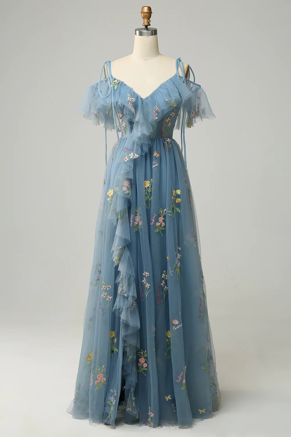 Vestido de fiesta largo verde con escote en V, tirantes finos, bordado y abertura