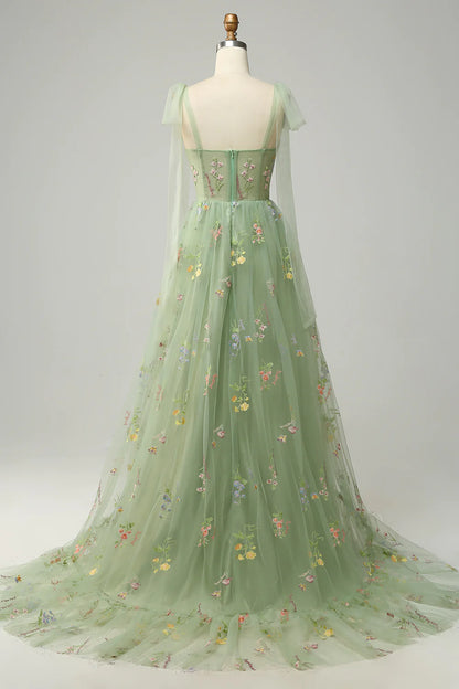 A-line Lilac Embroidery Corset Long Prom Dress
