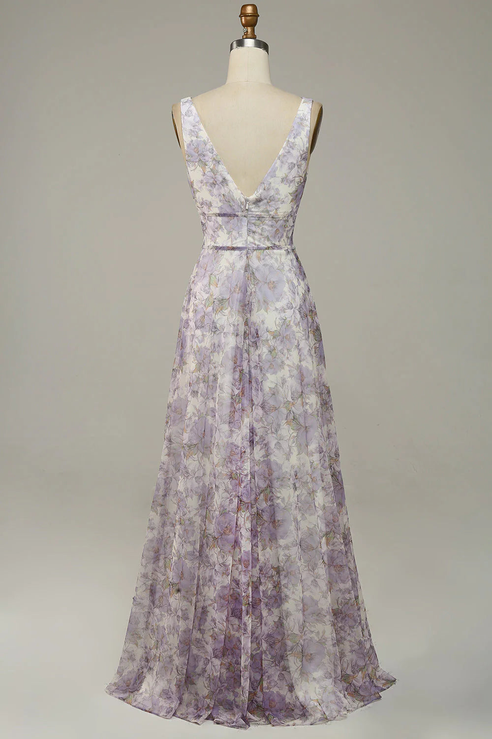 Vestido de fiesta con escote en V y abertura, estampado morado marfil