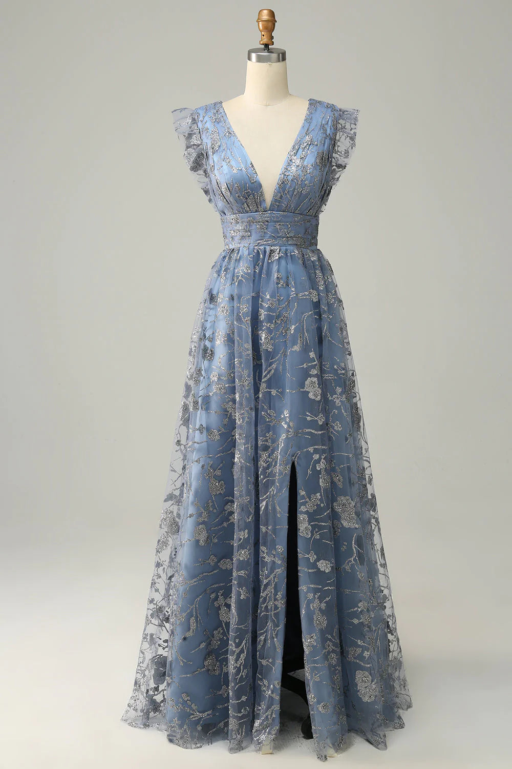 Vestido de fiesta de talla grande en gris y azul con escote en V profundo y bordado en línea A