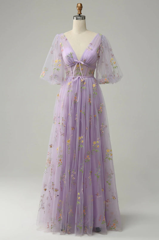 A-Linie, V-Ausschnitt, Stickerei, Lavendel, langes Ballkleid mit kurzen Ärmeln